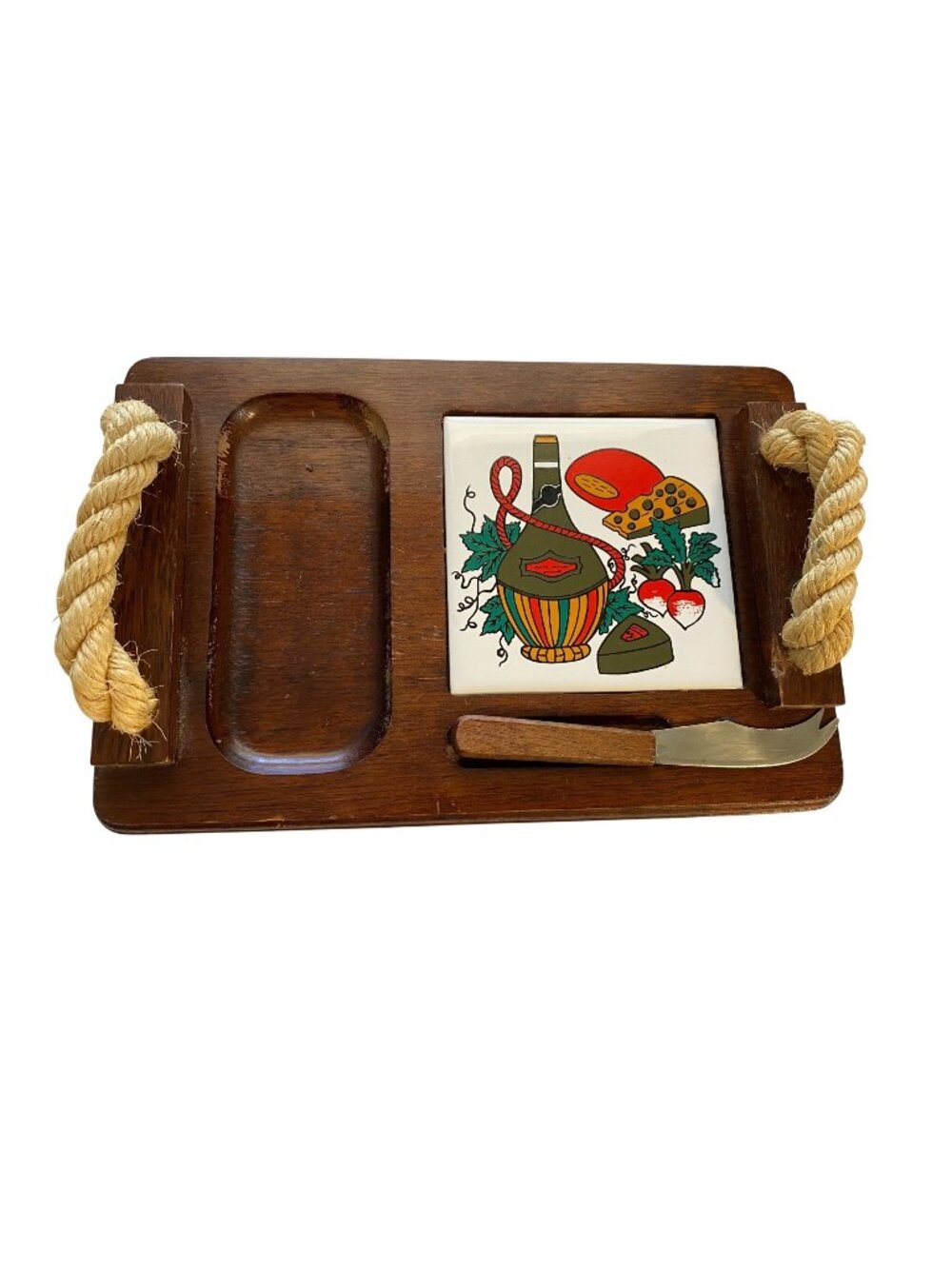 Vintage Armbee Wood Cheese Charcuterie Board Ceramic Tile Rope Handles Knife